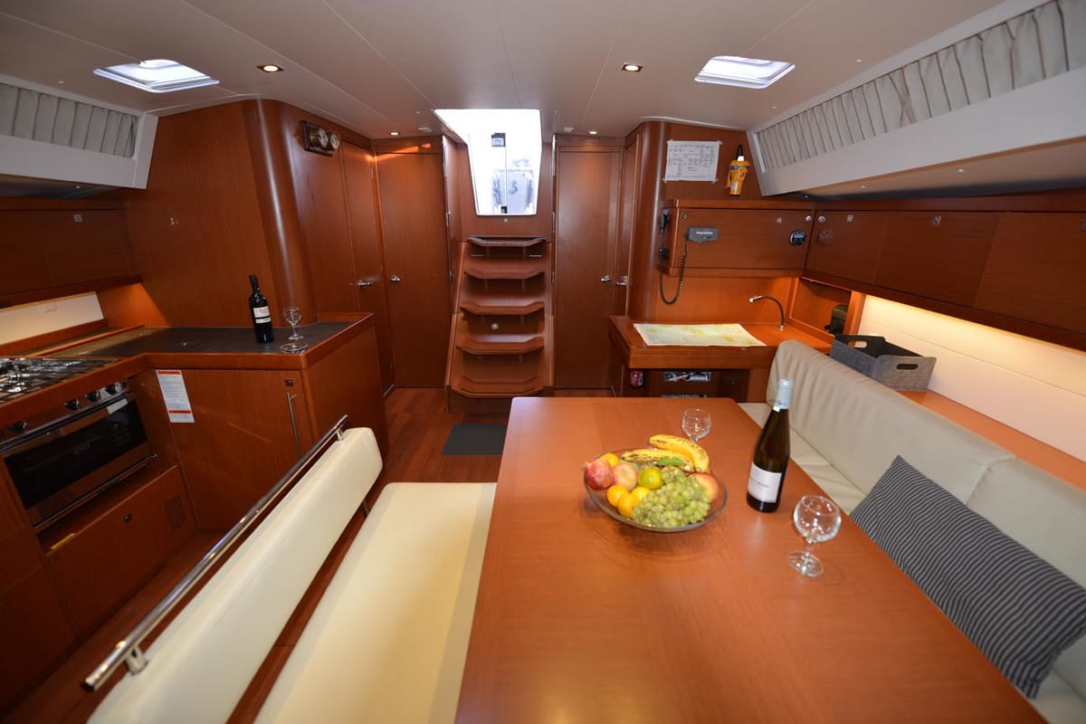 Salon of Pherousa, a Beneteau Oceanis 48 sailboat at Lavreotiki Municipal Unit, Greece