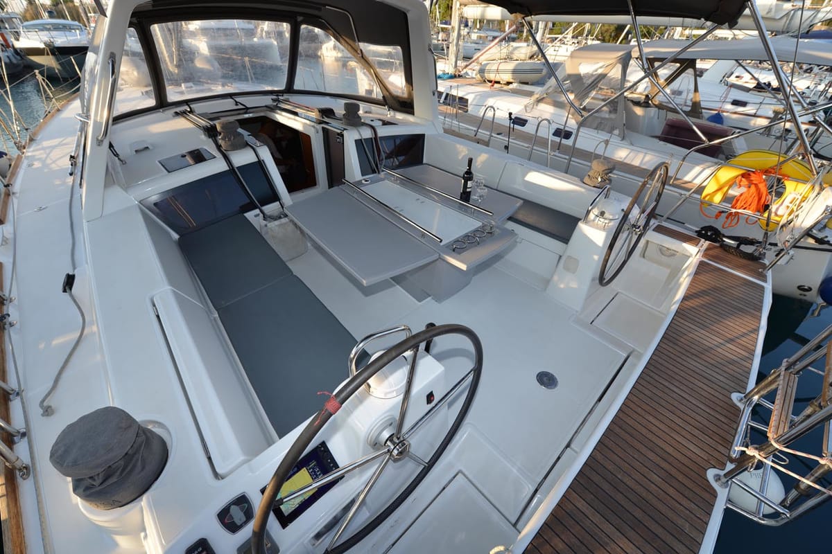 Cockpit of Pherousa, a Beneteau Oceanis 48 sailboat at Lavreotiki Municipal Unit, Greece