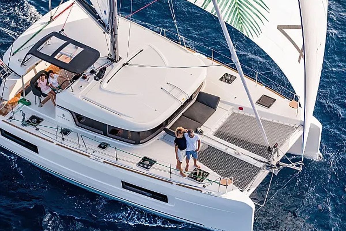Exterior view of Twilight, a Lagoon 40 catamaran at Grad Trogir, Croatia