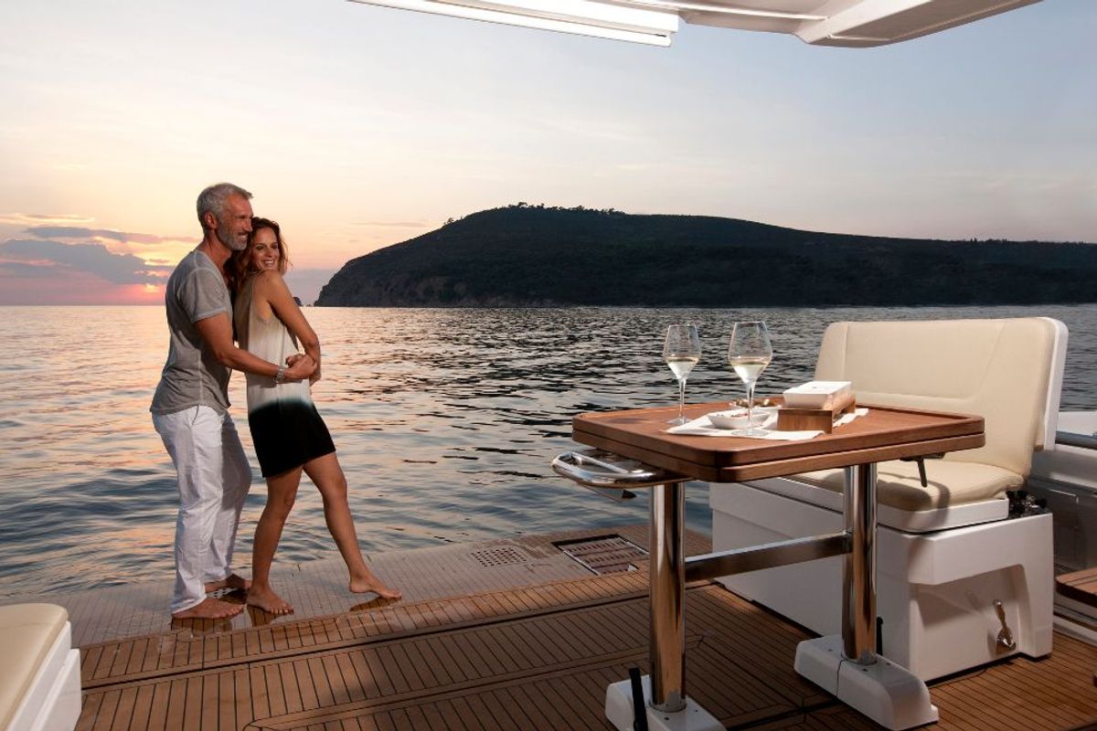 Deck of Zanngi, a Bavaria Virtess 420 Fly yacht at Podstrana - Miljevac, Croatia
