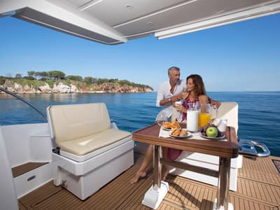 Deck of Zanngi, a Bavaria Virtess 420 Fly yacht at Podstrana - Miljevac, Croatia