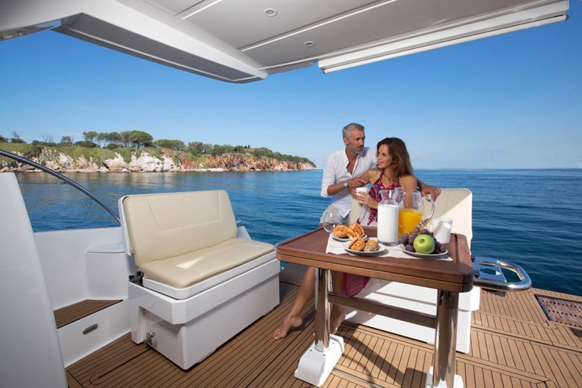 Deck of Zanngi, a Bavaria Virtess 420 Fly yacht at Podstrana - Miljevac, Croatia