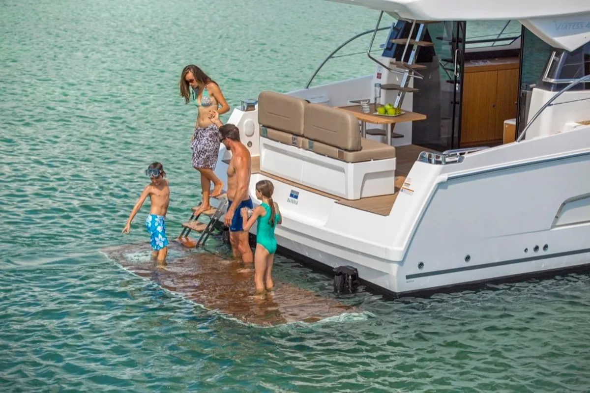 Deck of Zanngi, a Bavaria Virtess 420 Fly yacht at Podstrana - Miljevac, Croatia