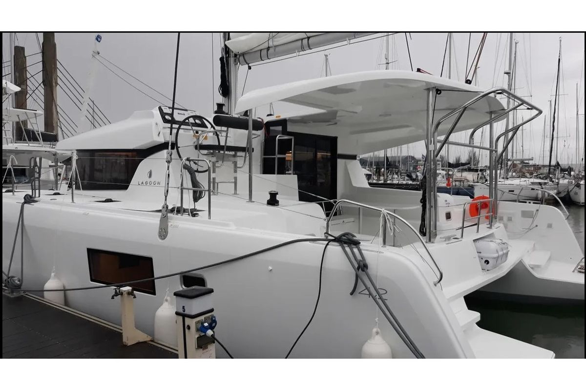 Exterior view of Lagoon 42 (2020) AM, a Lagoon 42 catamaran at Athens, Greece