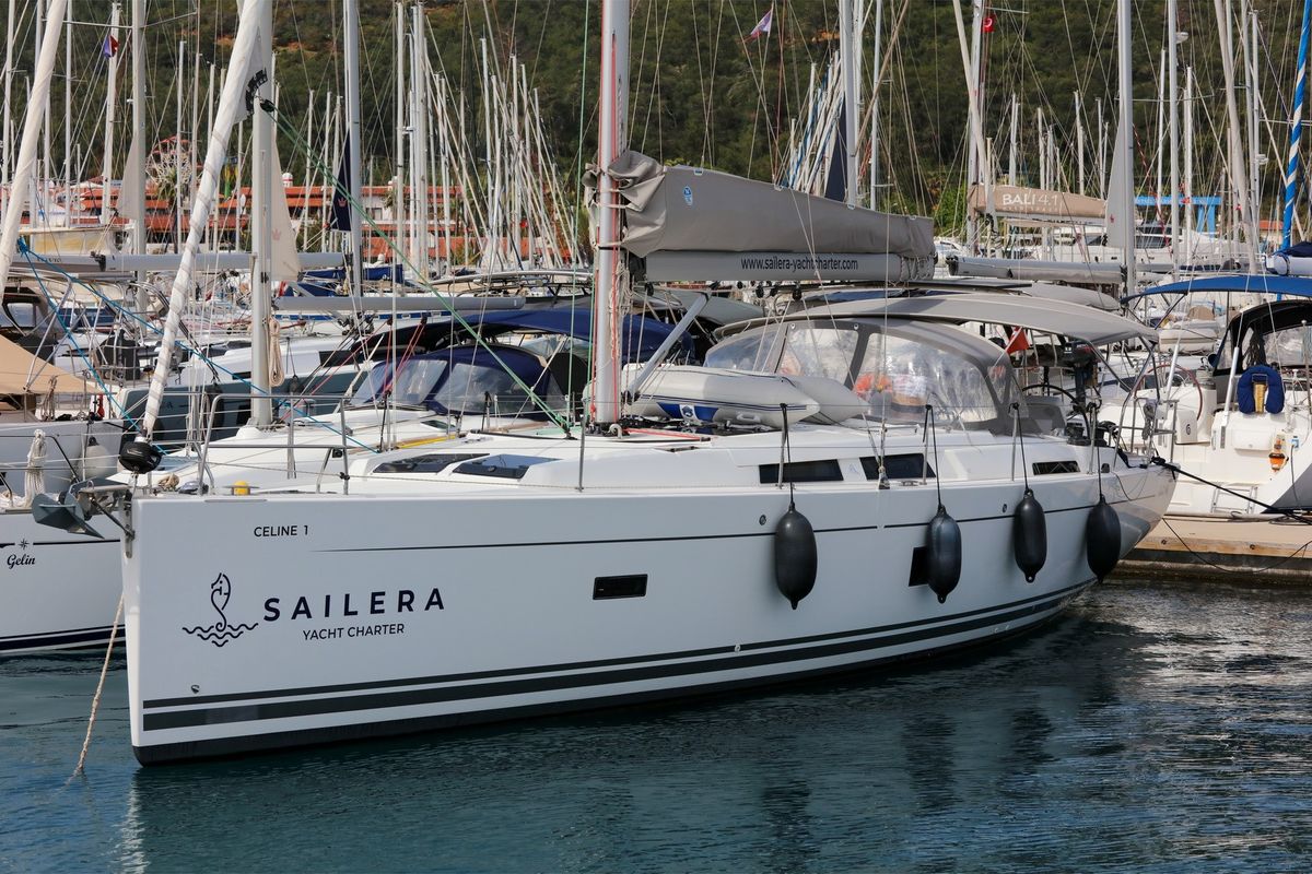 Exterior view of Celine 1, a Hanse Yachts Hanse 458 sailboat at Marmaris, Turkey