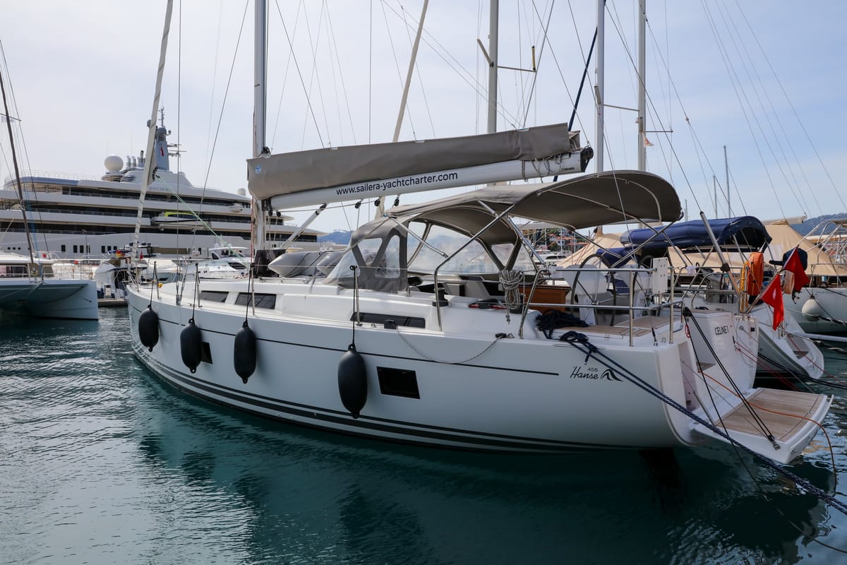 Exterior view of Celine 1, a Hanse Yachts Hanse 458 sailboat at Marmaris, Turkey