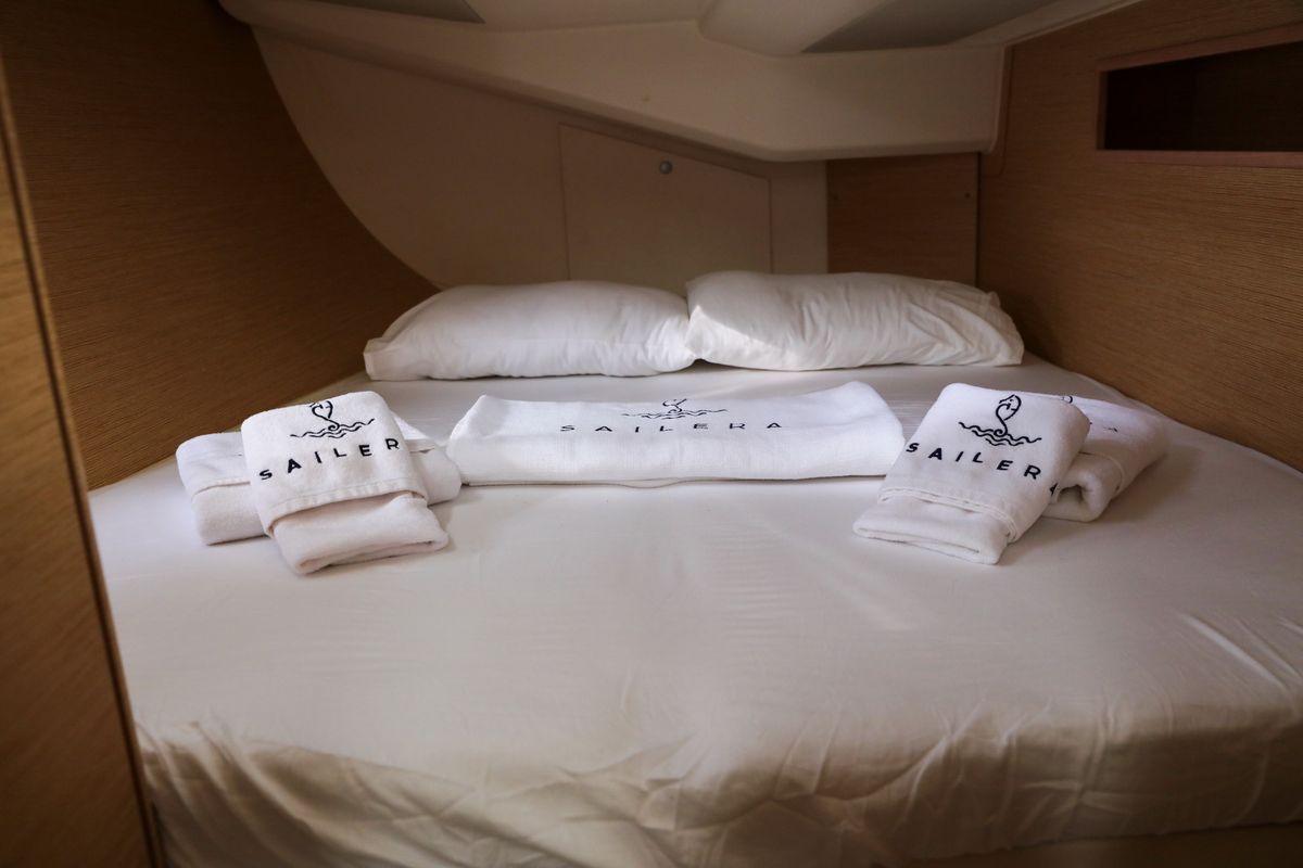 Cabin on Celine 1, a Hanse Yachts Hanse 458 sailboat at Marmaris, Turkey