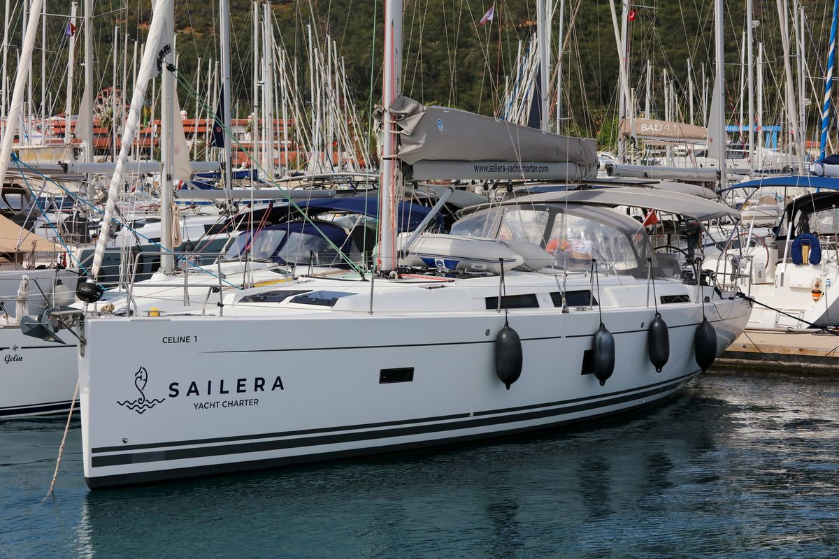 Exterior view of Celine 1, a Hanse Yachts Hanse 458 sailboat at Marmaris, Turkey
