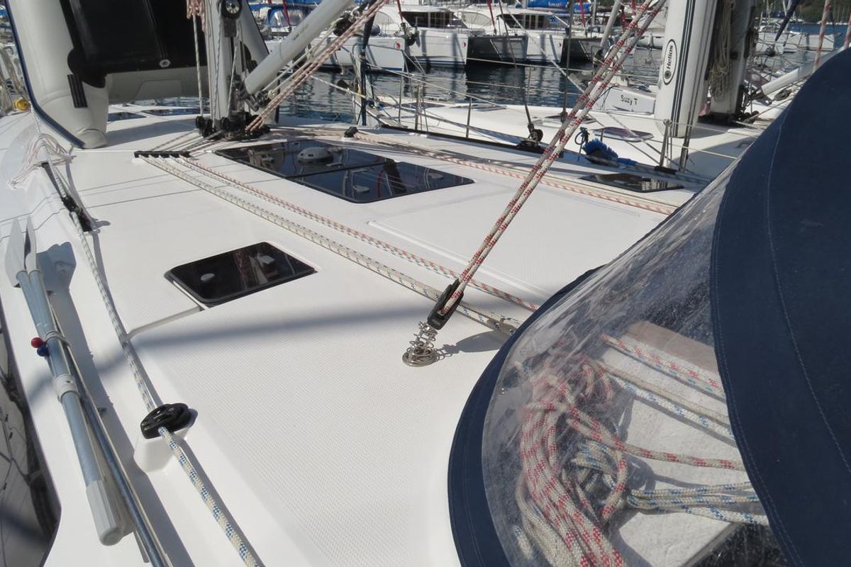 Deck of Sita, a Bavaria Cruiser 46 sailboat at Fethiye, Turkey