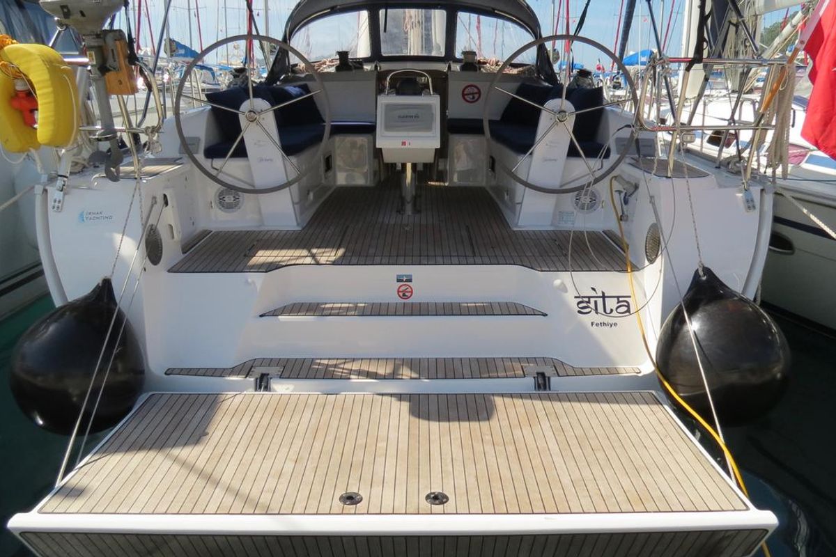 Deck of Sita, a Bavaria Cruiser 46 sailboat at Fethiye, Turkey