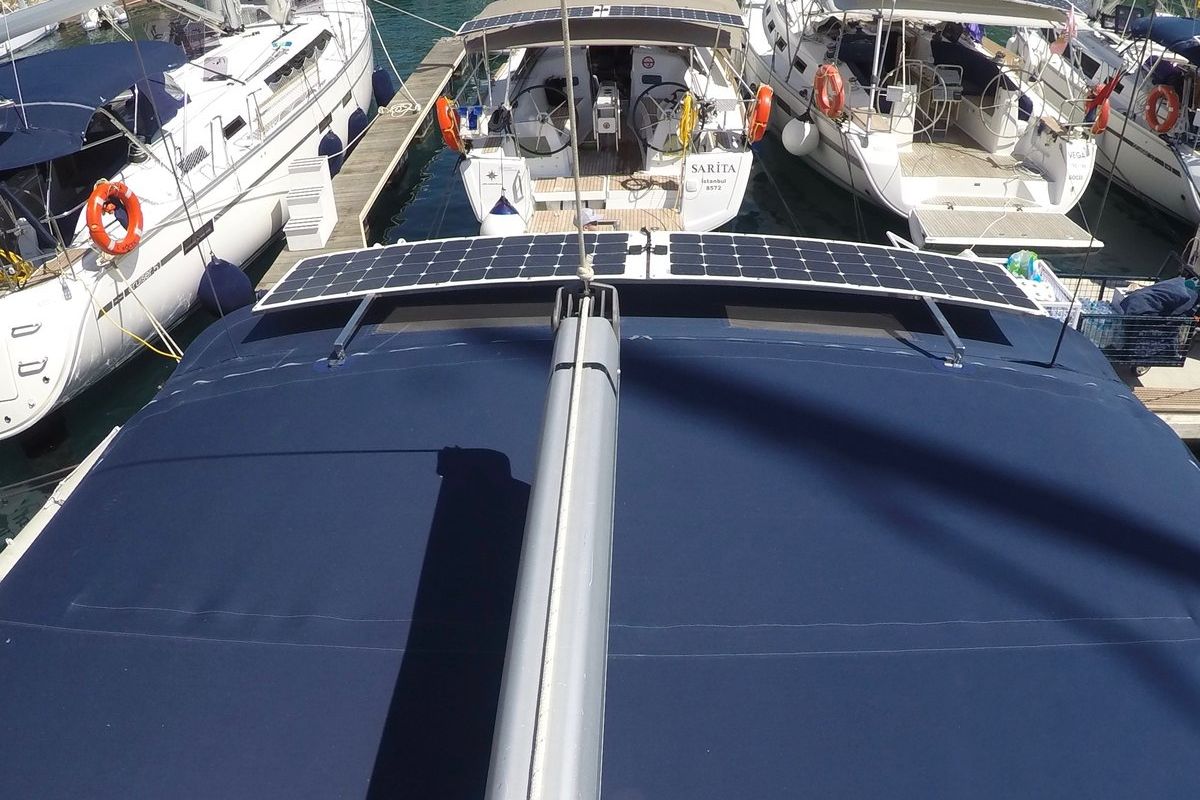 Exterior view of Sita, a Bavaria Cruiser 46 sailboat at Fethiye, Turkey