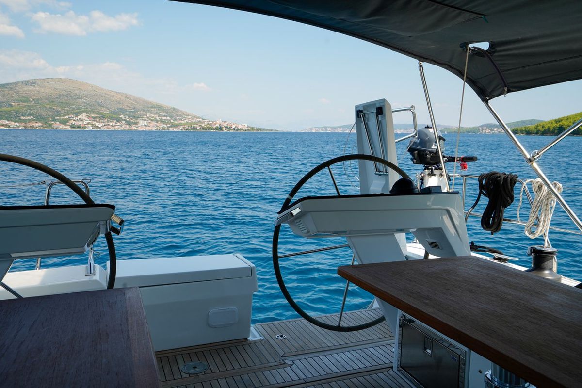 Cockpit of Janina, a Hanse Yachts Hanse 460 sailboat at Seget Donji, Croatia