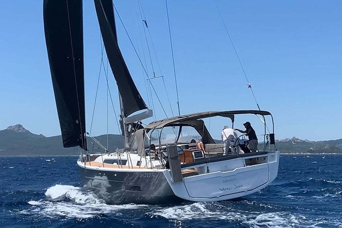 Exterior view of Gringott, a Dufour 530 sailboat at Olbia, Italy