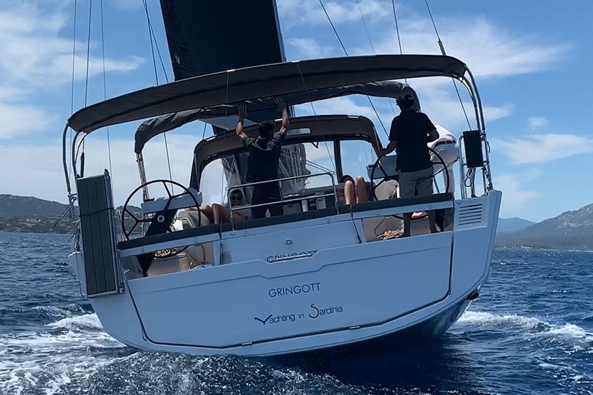 Cockpit of Gringott, a Dufour 530 sailboat at Olbia, Italy