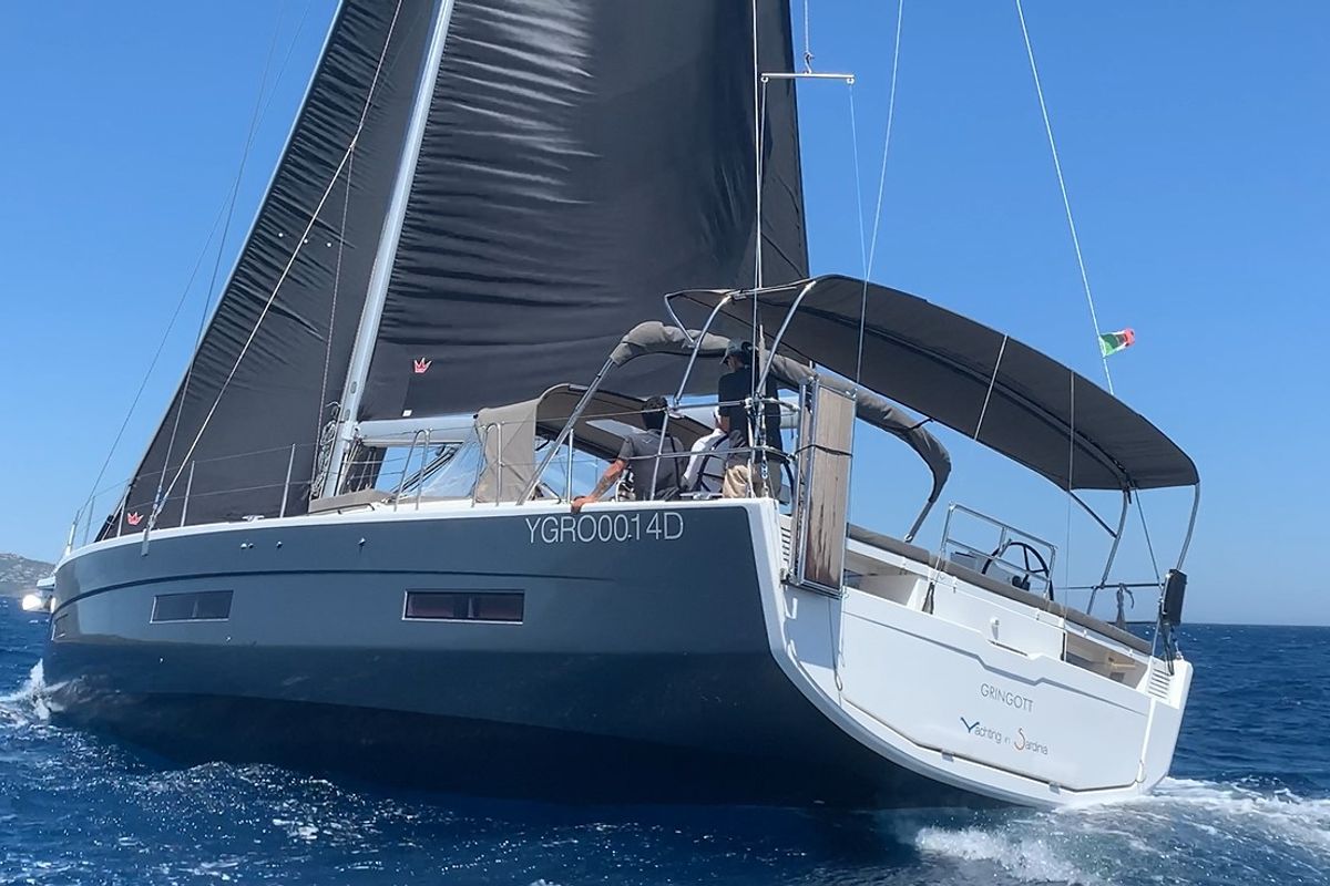 Exterior view of Gringott, a Dufour 530 sailboat at Olbia, Italy