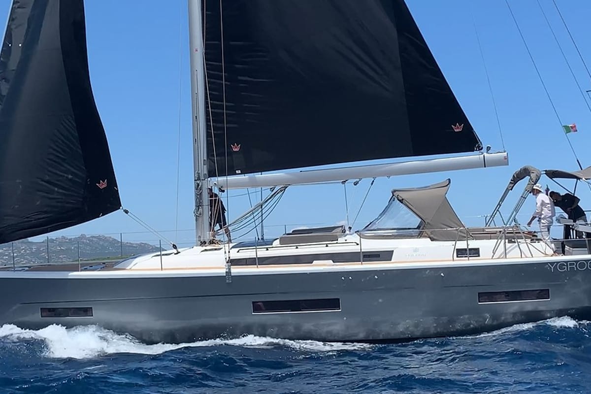 Exterior view of Gringott, a Dufour 530 sailboat at Olbia, Italy