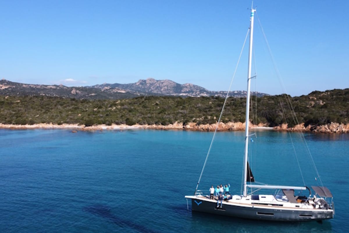Exterior view of Gringott, a Dufour 530 sailboat at Olbia, Italy