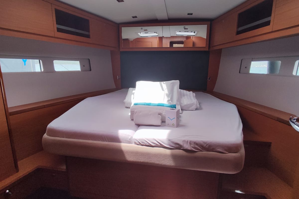 Cabin on Gringott, a Dufour 530 sailboat at Olbia, Italy