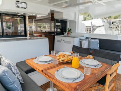 Deck of LINO, a Lagoon 46 catamaran at Municipal Unit of Lefkada, Greece