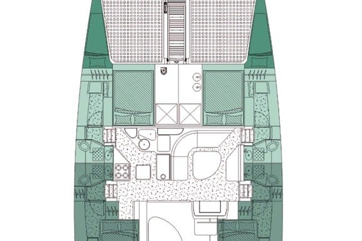 Floor plan of Alboran Ron Punch, a Voyage 440 catamaran at Murdeira, Cape Verde