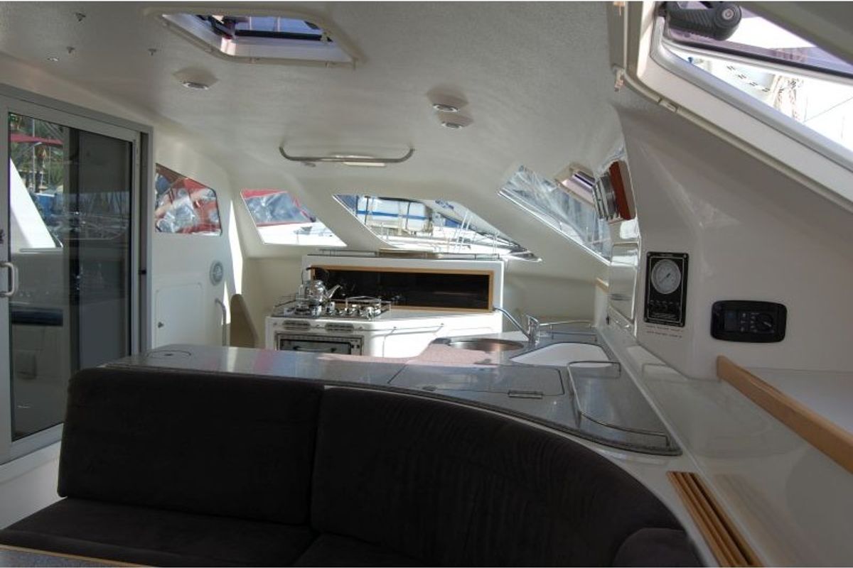 Galley of Alboran Ron Punch, a Voyage 440 catamaran at Murdeira, Cape Verde