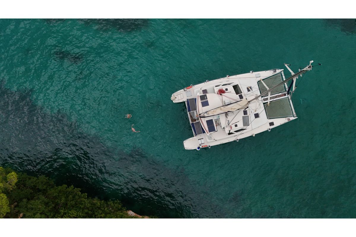 Exterior view of Alboran Ron Punch, a Voyage 440 catamaran at Murdeira, Cape Verde
