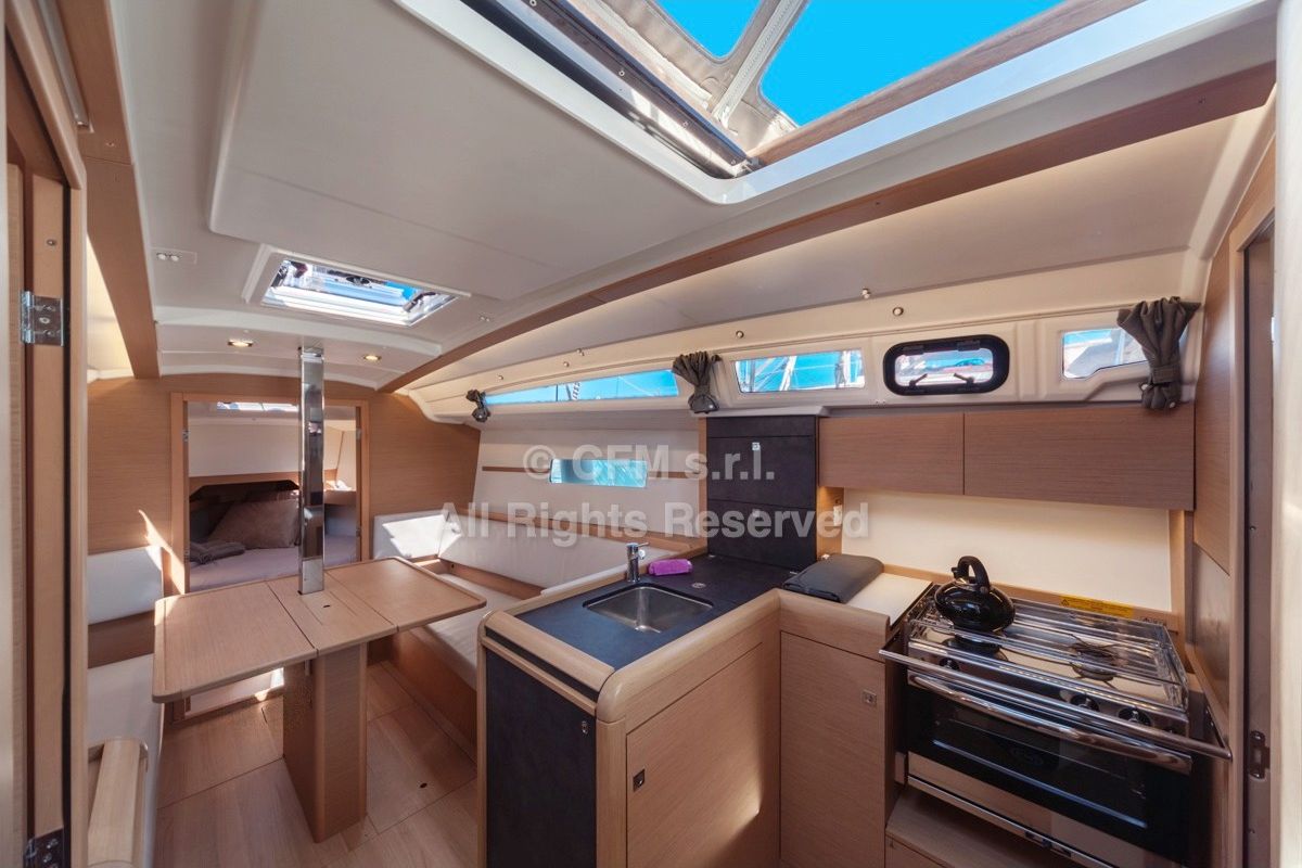 Galley of Marsiglia, a Jeanneau Sun Odyssey 349 sailboat at Capo d'Orlando, Italy