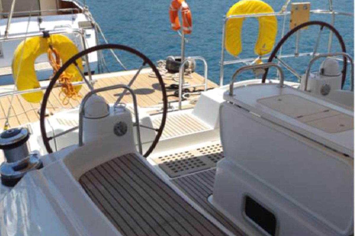 Cockpit of Big Fella Thanks, a Jeanneau 53 sailboat at Kalkara, Malta