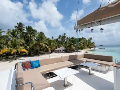 Deck of Maya Ulu, a Fountaine Pajot Ipanema 58 catamaran at San Blas, Panama