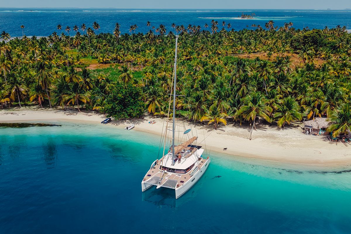 Exterior view of Maya Ulu, a Fountaine Pajot Ipanema 58 catamaran at San Blas, Panama