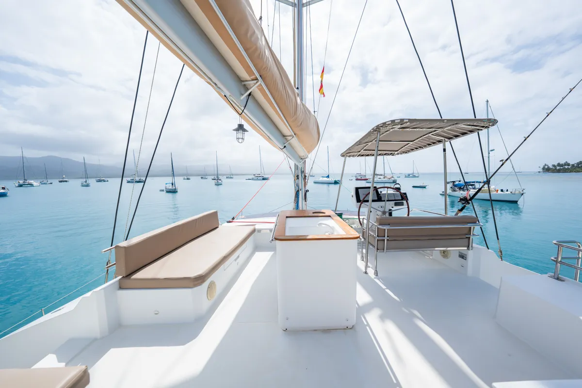 Cockpit of Maya Ulu, a Fountaine Pajot Ipanema 58 catamaran at San Blas, Panama