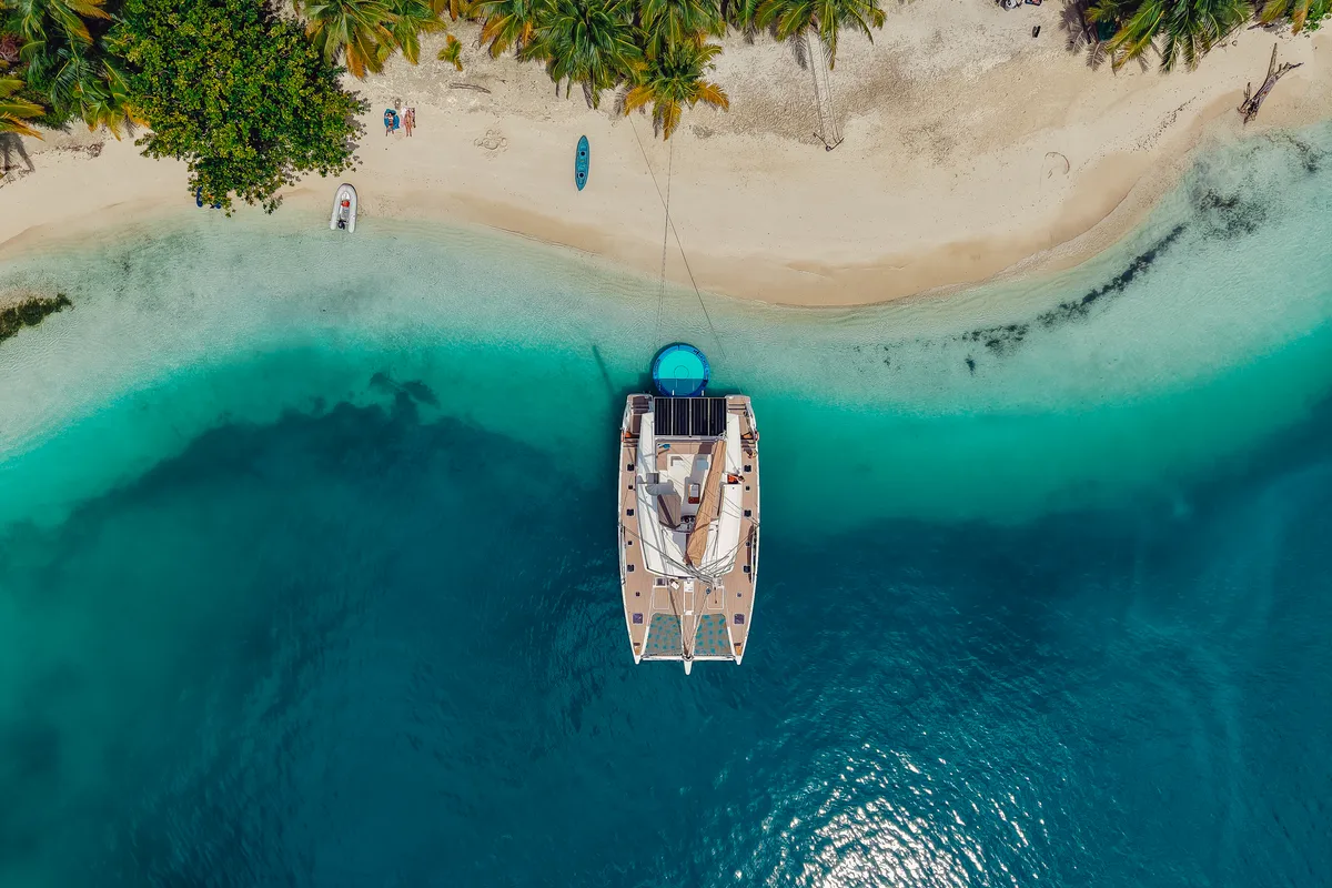 Exterior view of Maya Ulu, a Fountaine Pajot Ipanema 58 catamaran at San Blas, Panama