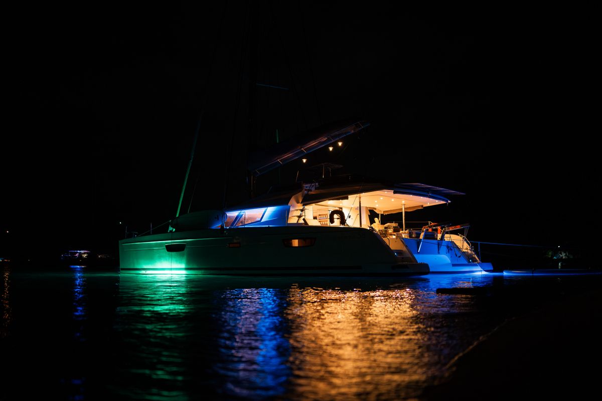 Exterior view of Maya Ulu, a Fountaine Pajot Ipanema 58 catamaran at San Blas, Panama