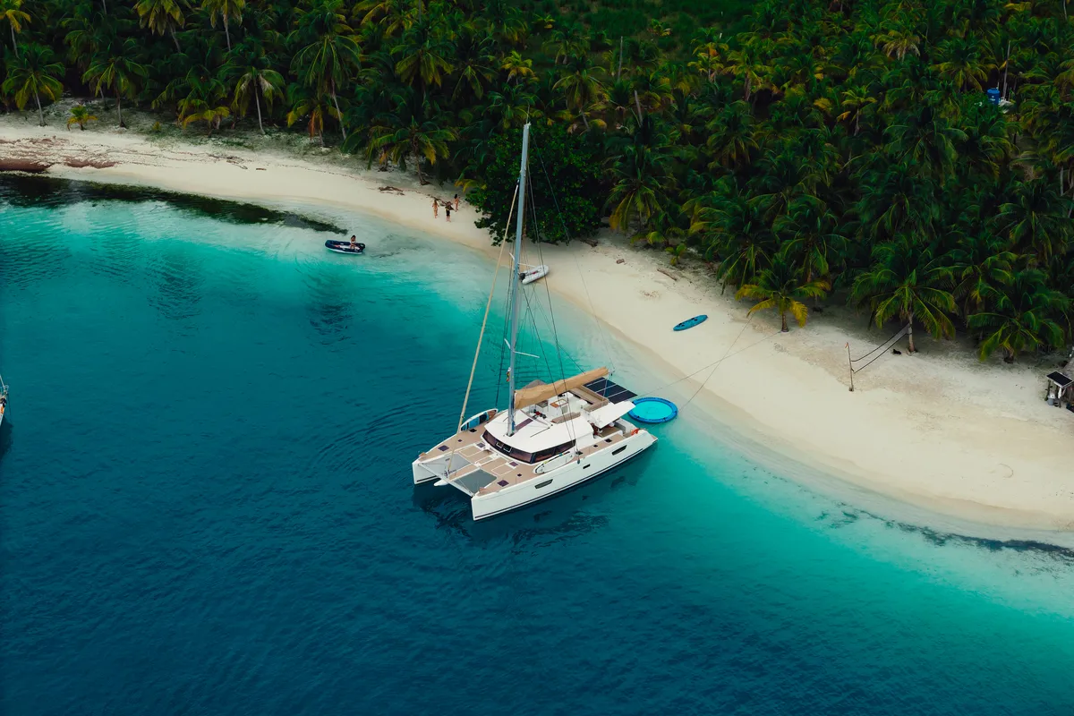 Exterior view of Maya Ulu, a Fountaine Pajot Ipanema 58 catamaran at San Blas, Panama