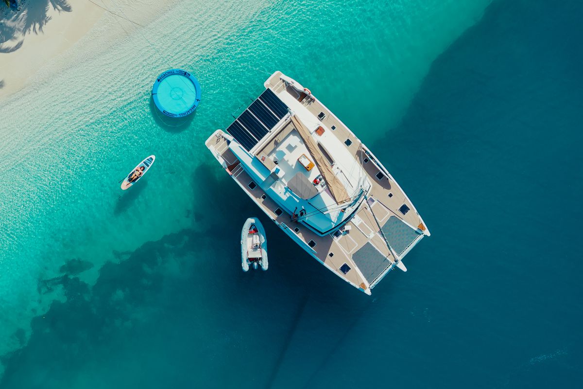 Exterior view of Maya Ulu, a Fountaine Pajot Ipanema 58 catamaran at San Blas, Panama