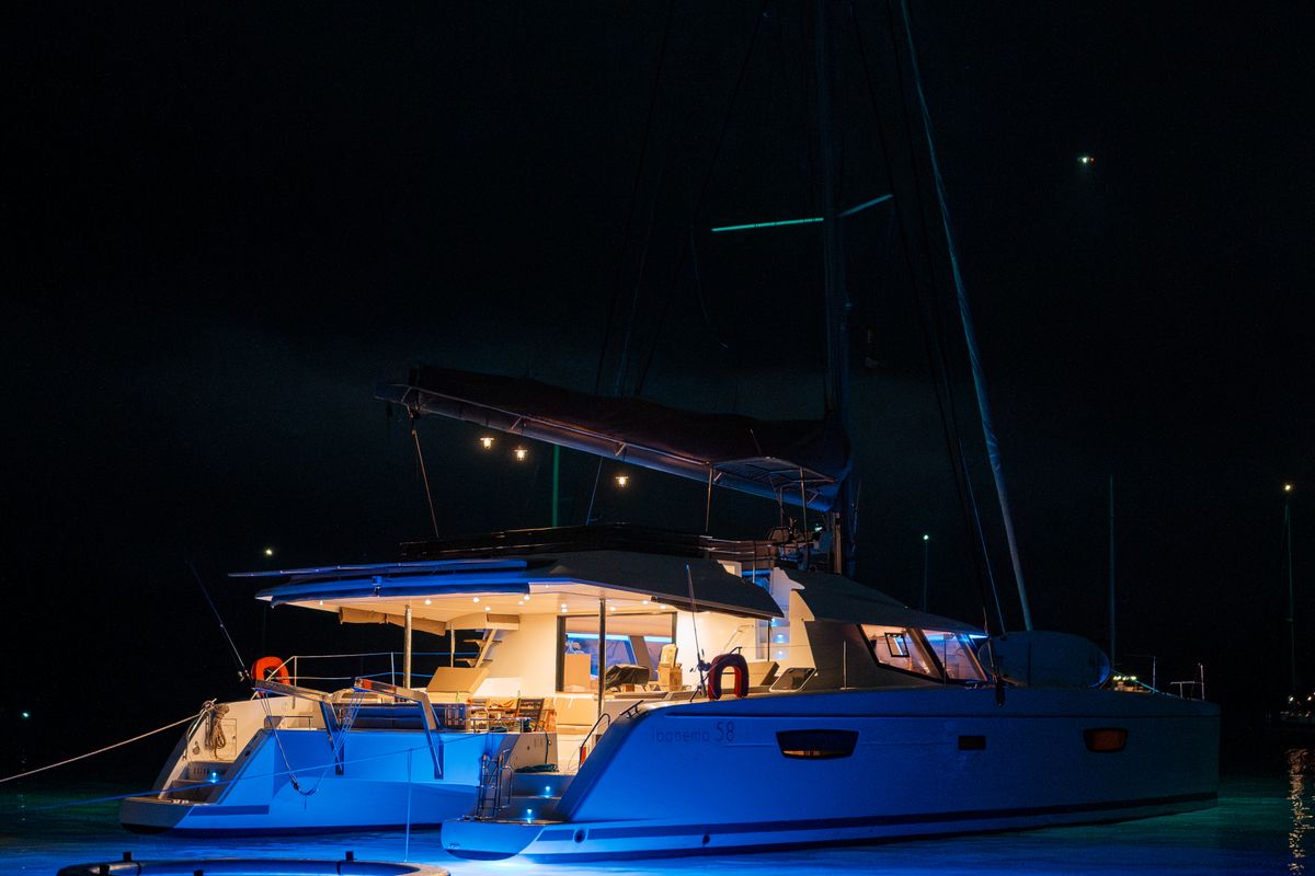 Exterior view of Maya Ulu, a Fountaine Pajot Ipanema 58 catamaran at San Blas, Panama