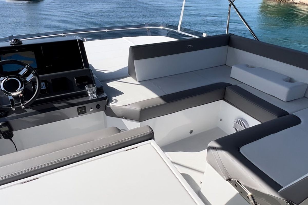 Cockpit of Champ Atlantis, a Galeon 500 Fly yacht at Grad Kaštela, Croatia