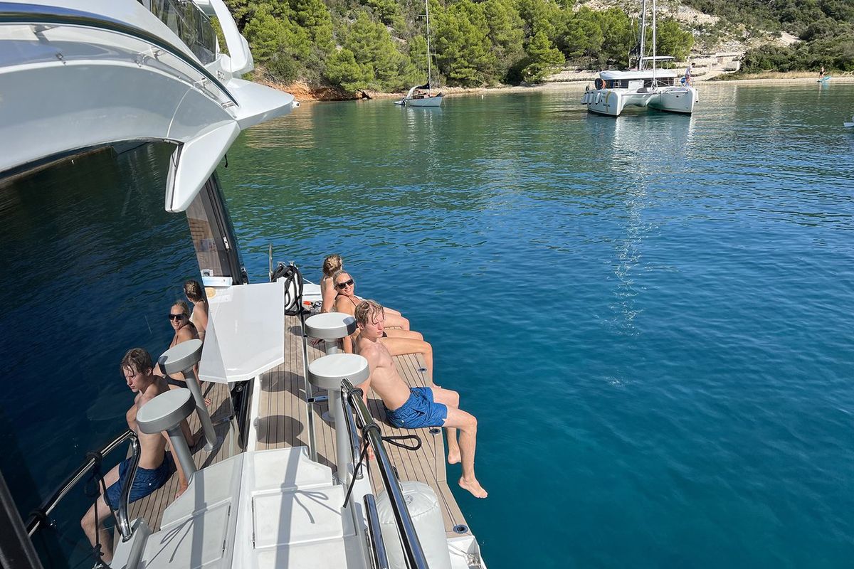 Exterior view of Champ Atlantis, a Galeon 500 Fly yacht at Grad Kaštela, Croatia