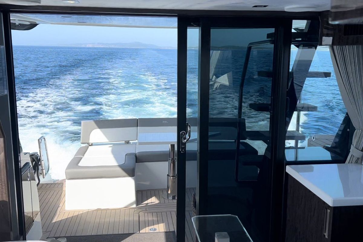 Deck of Champ Atlantis, a Galeon 500 Fly yacht at Grad Kaštela, Croatia