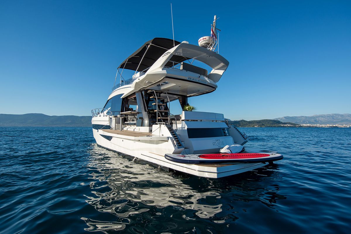 Exterior view of Champ Atlantis, a Galeon 500 Fly yacht at Grad Kaštela, Croatia