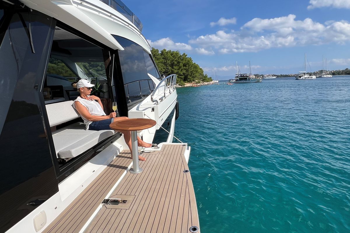 Deck of Champ Atlantis, a Galeon 500 Fly yacht at Grad Kaštela, Croatia