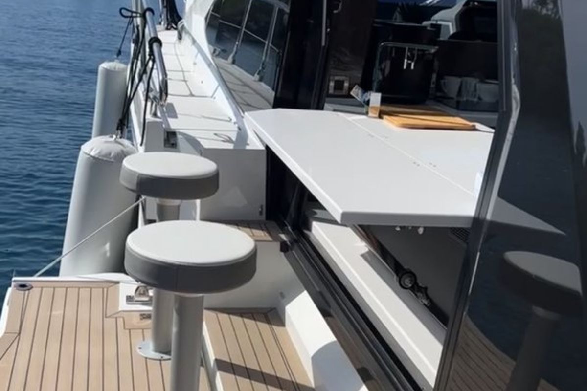 Deck of Champ Atlantis, a Galeon 500 Fly yacht at Grad Kaštela, Croatia