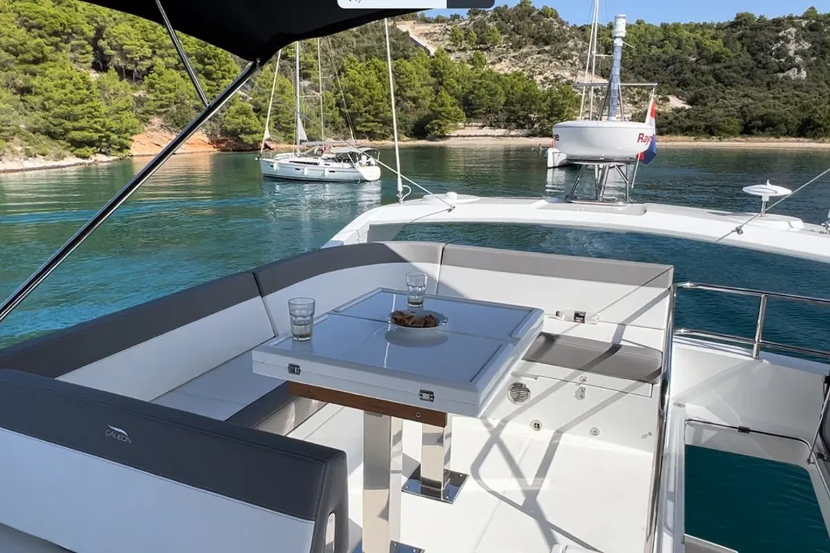 Deck of Champ Atlantis, a Galeon 500 Fly yacht at Grad Kaštela, Croatia