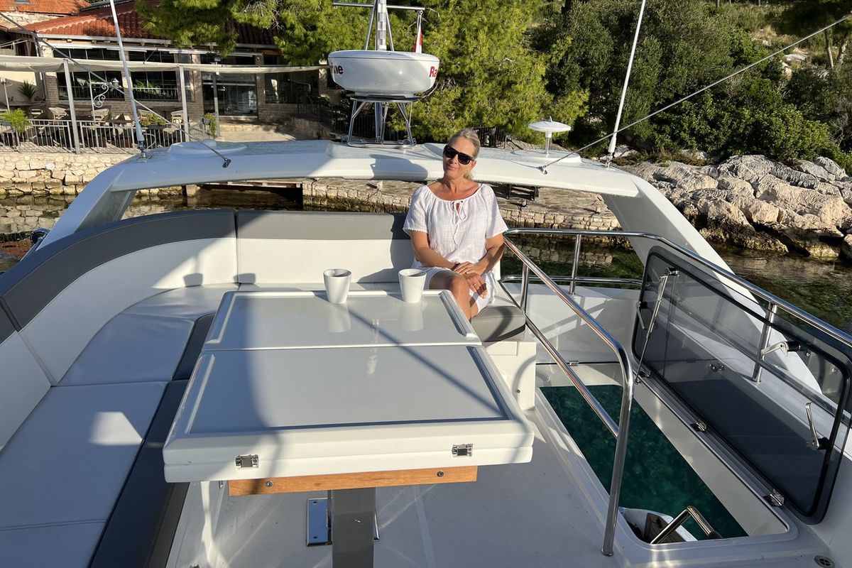Deck of Champ Atlantis, a Galeon 500 Fly yacht at Grad Kaštela, Croatia