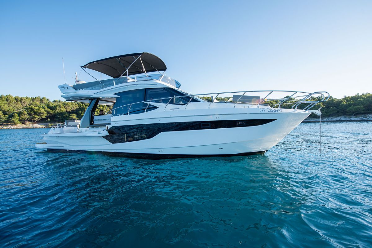 Exterior view of Champ Atlantis, a Galeon 500 Fly yacht at Grad Kaštela, Croatia