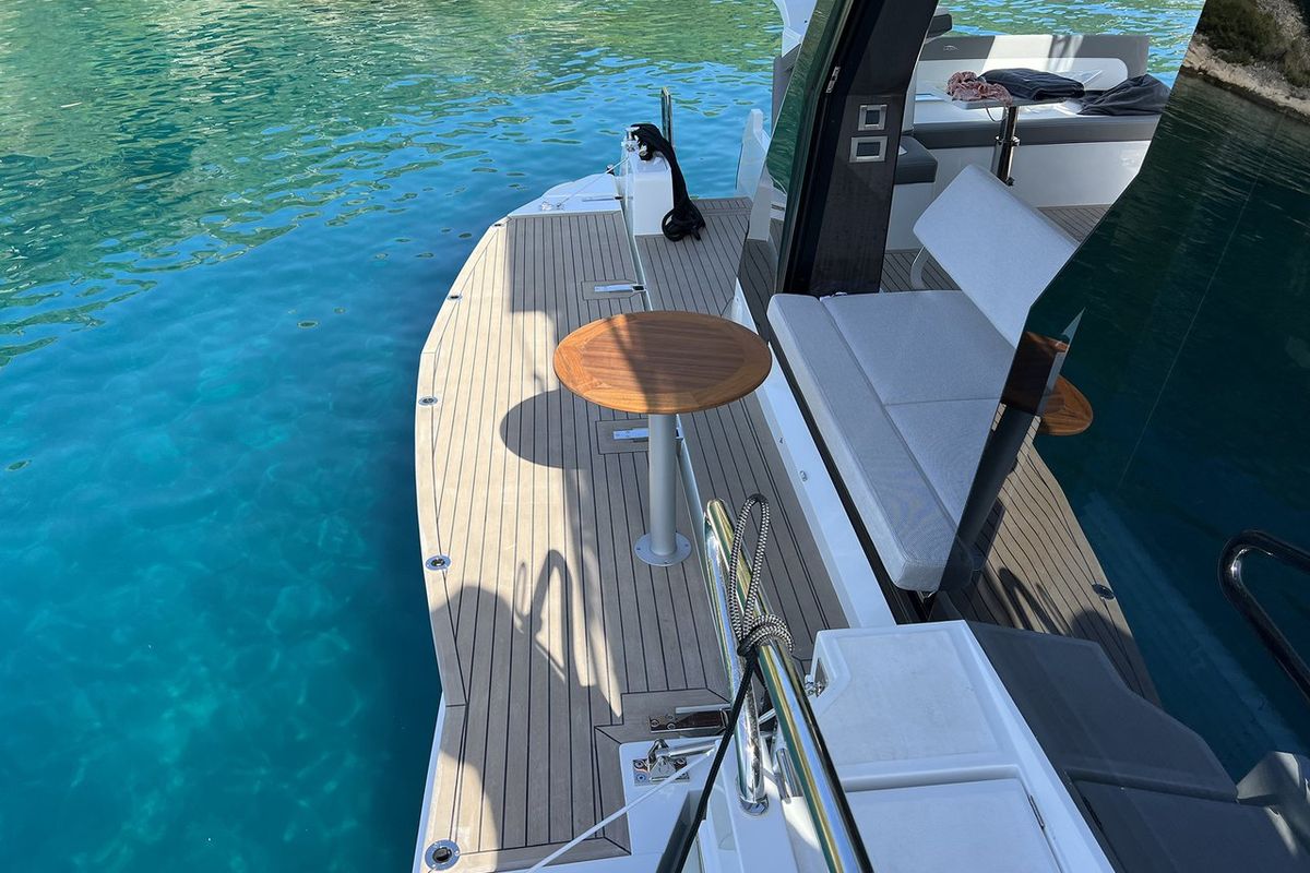 Deck of Champ Atlantis, a Galeon 500 Fly yacht at Grad Kaštela, Croatia