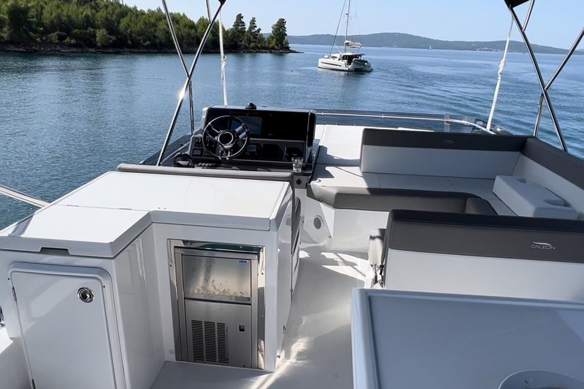 Cockpit of Champ Atlantis, a Galeon 500 Fly yacht at Grad Kaštela, Croatia