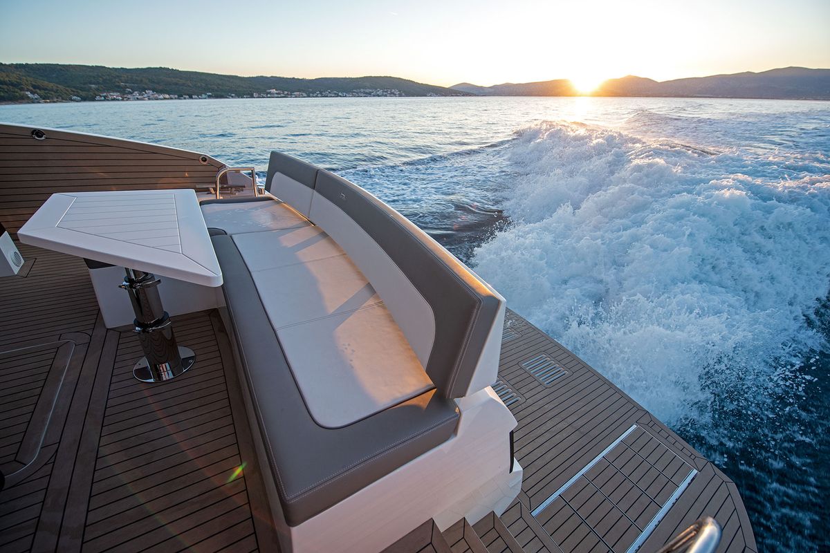 Deck of Champ Atlantis, a Galeon 500 Fly yacht at Grad Kaštela, Croatia