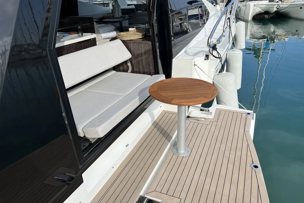 Deck of Champ Atlantis, a Galeon 500 Fly yacht at Grad Kaštela, Croatia