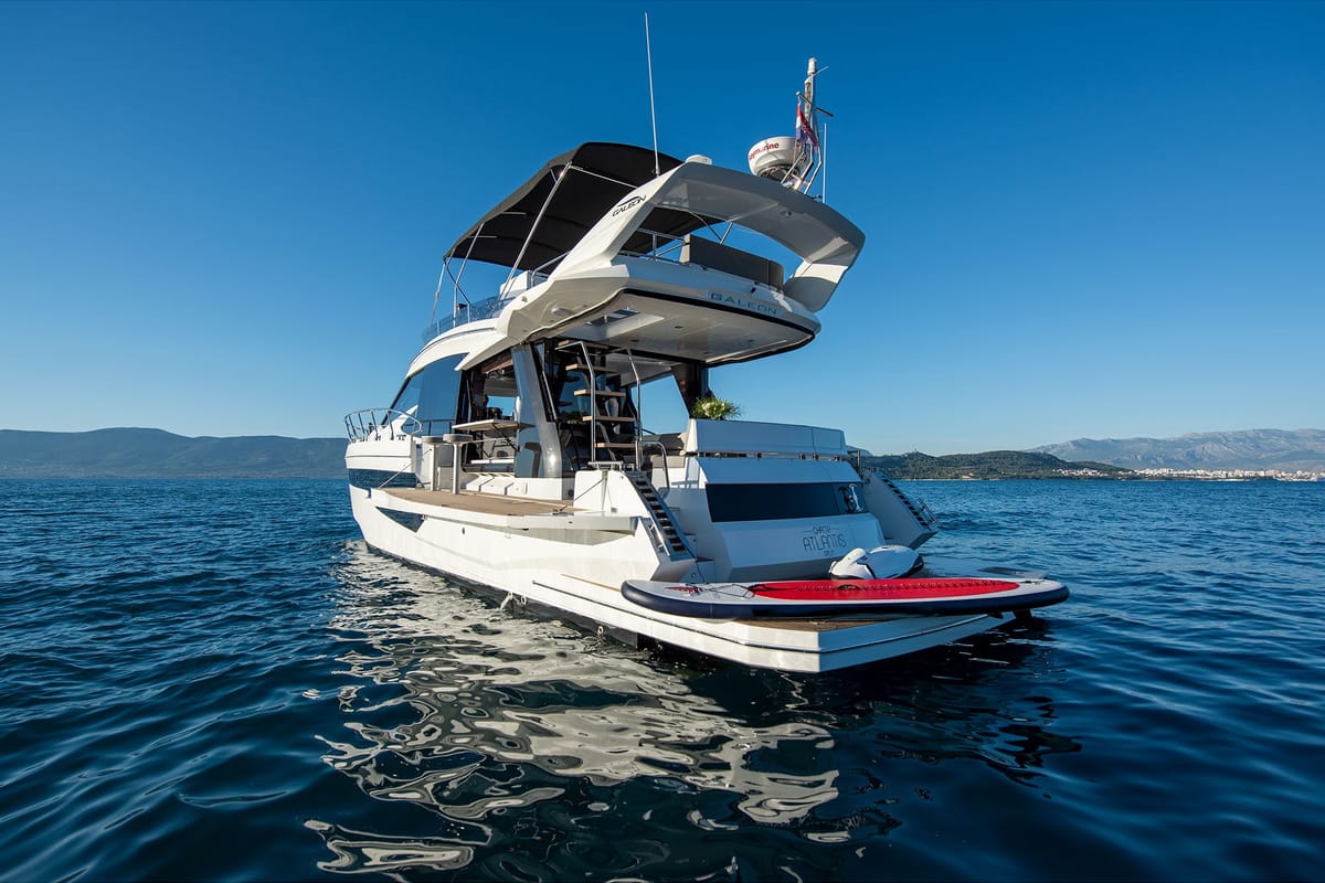 Exterior view of Champ Atlantis, a Galeon 500 Fly yacht at Grad Kaštela, Croatia